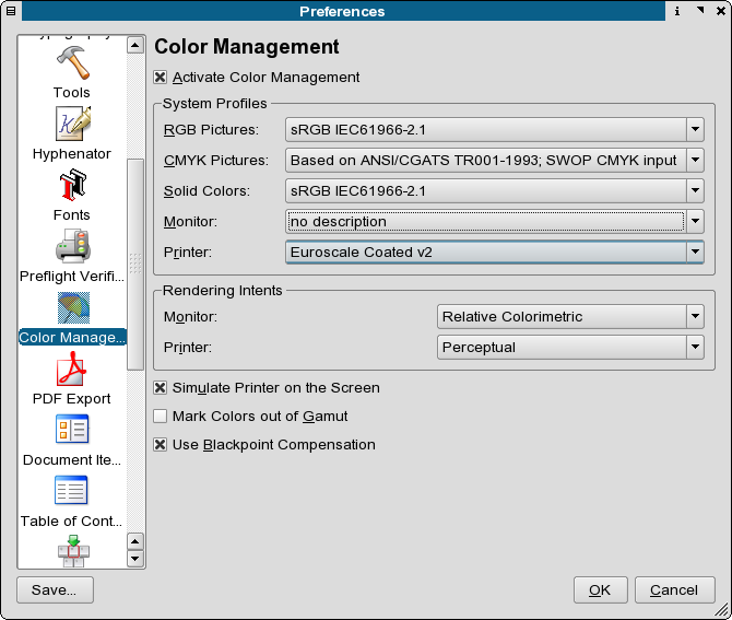 Scribus CMS settings for the monitor profile